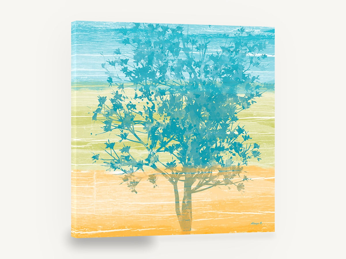 Teal Tree Horizon, teal blossom tree abstract, floral canvas wall art print ready to hang