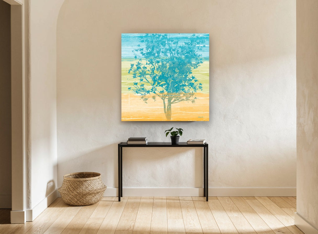 Teal Tree Horizon floral canvas print on the wall of a hallway