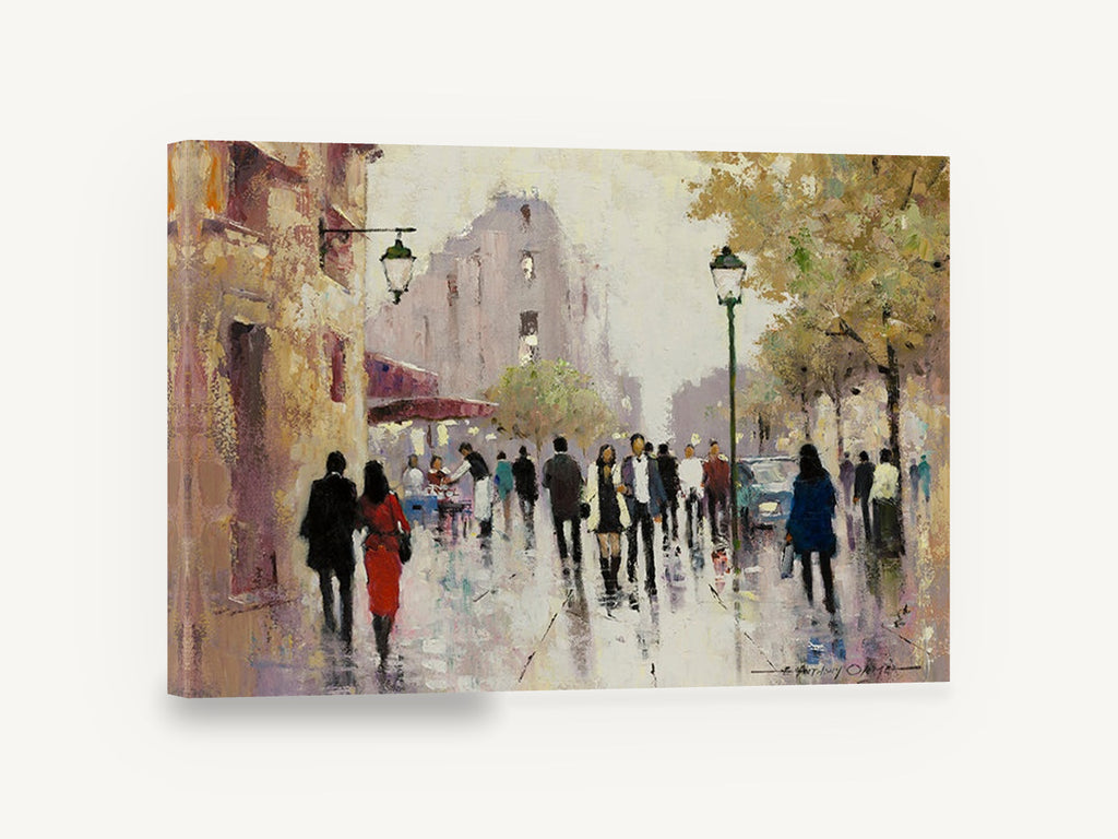 Rainy Boulevard Stroll, paris street scene impressionist, city canvas wall art print ready to hang
