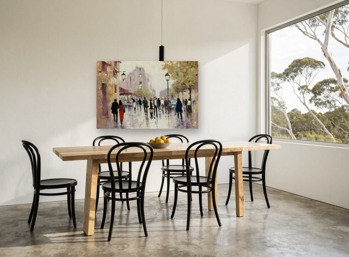 Rainy Boulevard Stroll city canvas print on the wall of a dining room