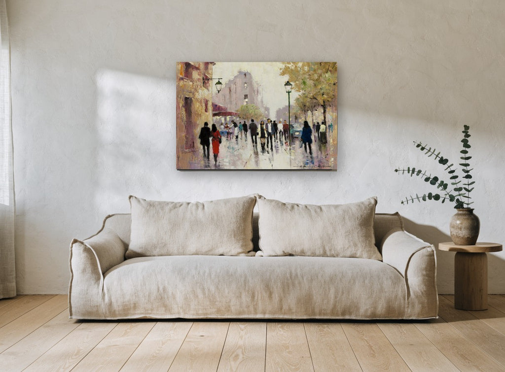 Rainy Boulevard Stroll city canvas print on the wall of a living room