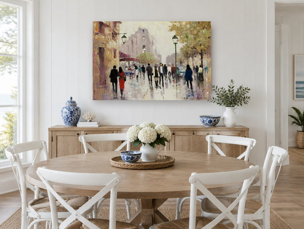 Rainy Boulevard Stroll city canvas print on the wall of a Hamptons dining room