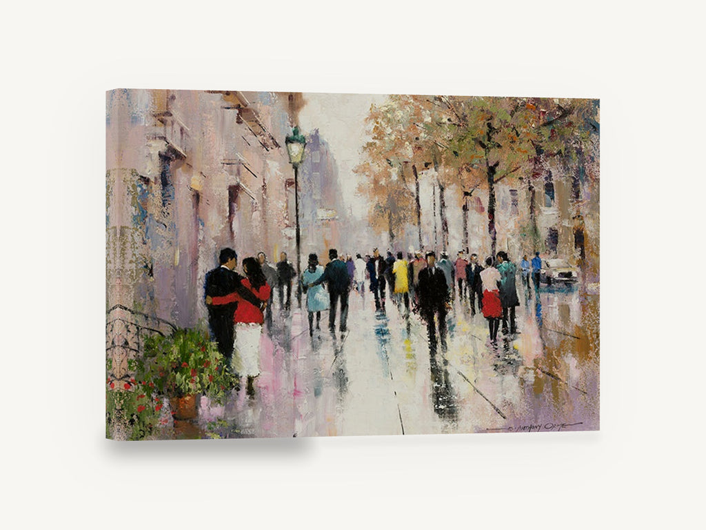 Wet Boulevard Strollers, paris street scene autumn strollers artwork, city canvas wall art print ready to hang