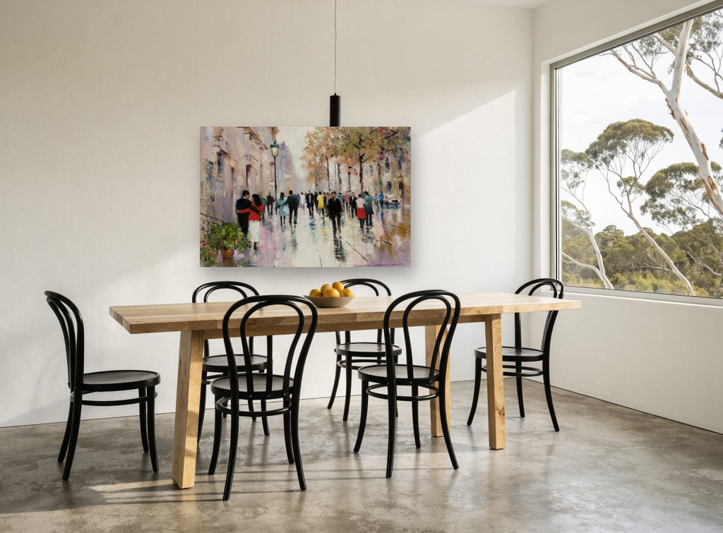 Wet Boulevard Strollers city canvas print on the wall of a dining room