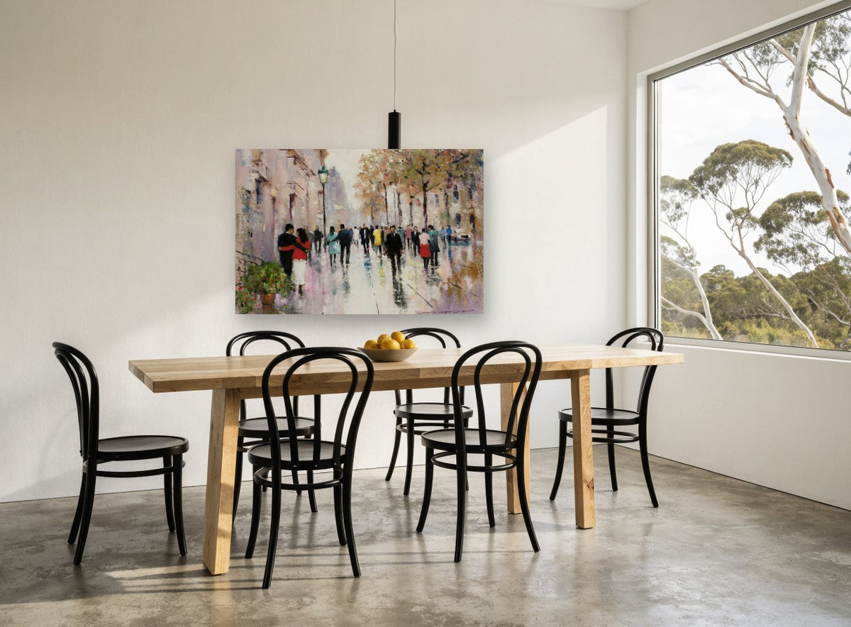 Wet Boulevard Strollers city canvas print on the wall of a dining room