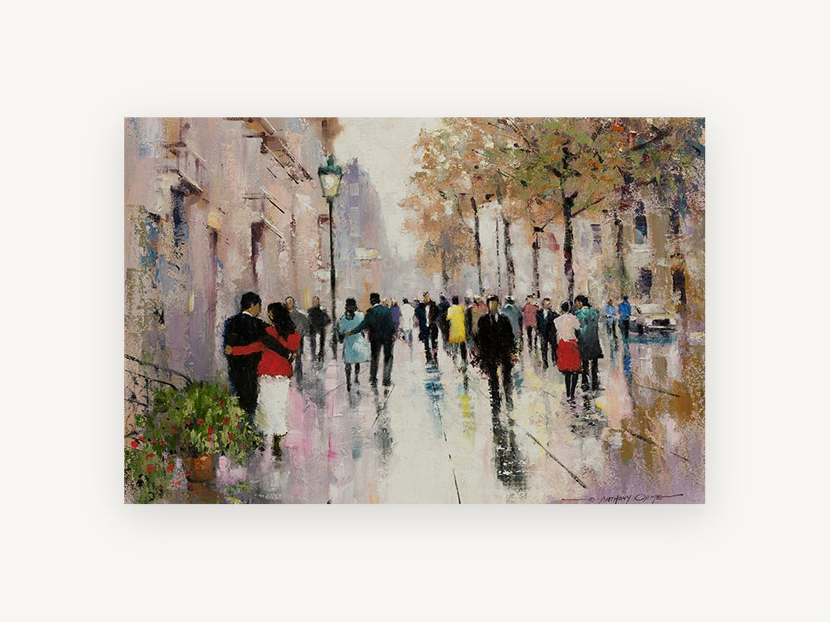 Wet Boulevard Strollers, paris street scene autumn strollers artwork, city canvas wall art print, front view