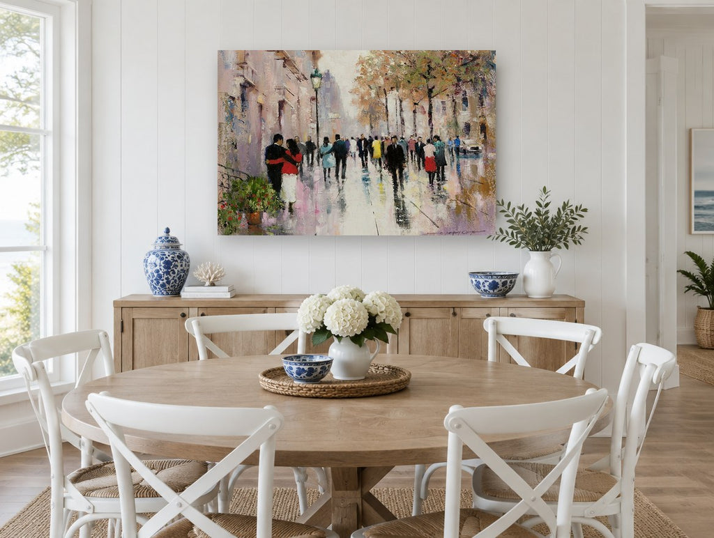 Wet Boulevard Strollers city canvas print on the wall of a Hamptons dining room