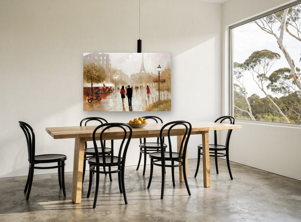 Rainy Paris Stroll city canvas print on the wall of a dining room