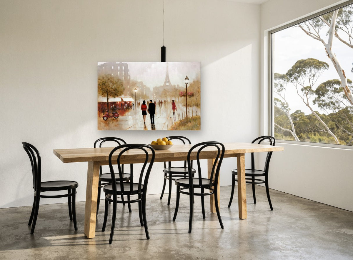 Rainy Paris Stroll city canvas print on the wall of a dining room