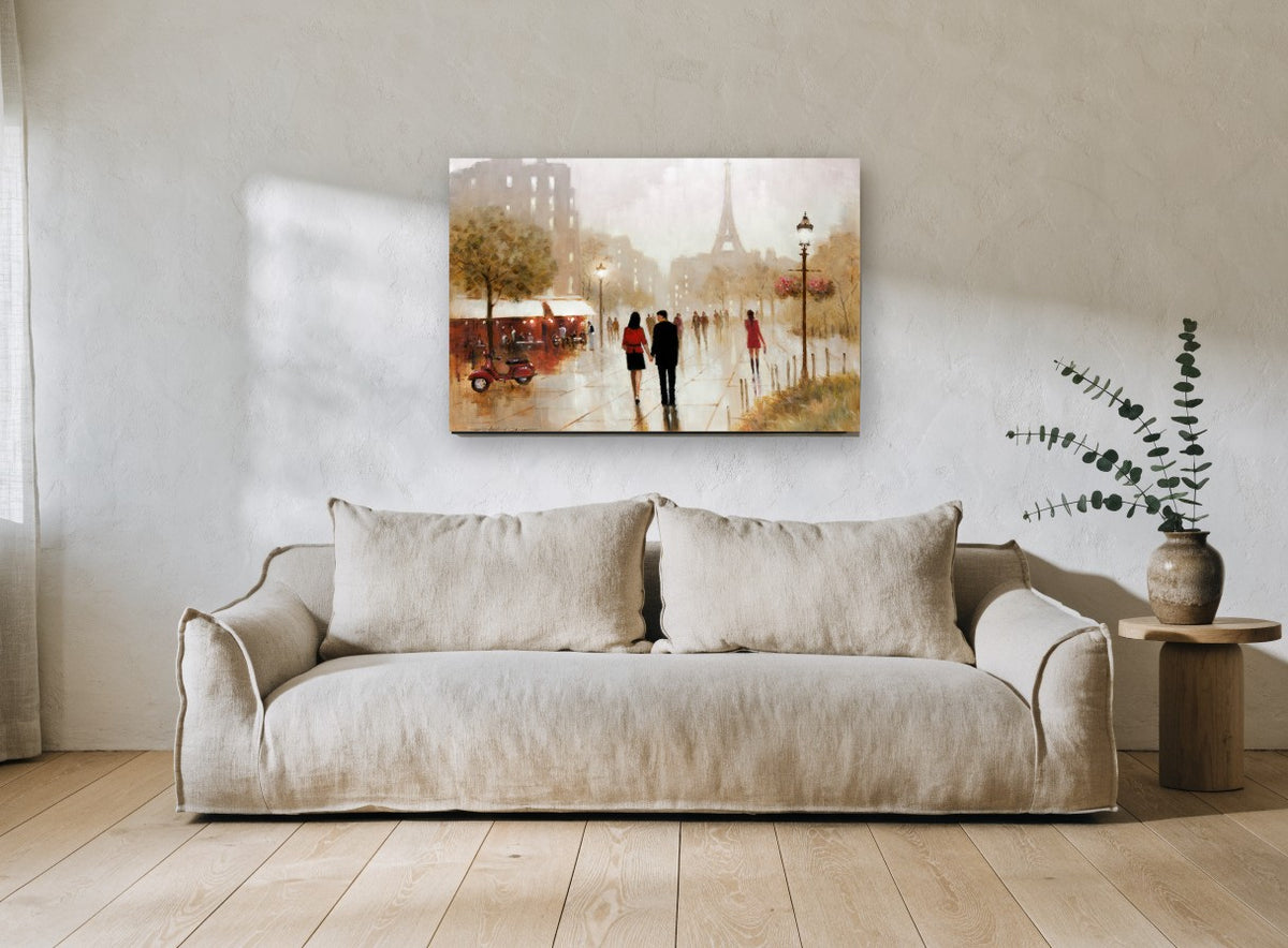 Rainy Paris Stroll city canvas print on the wall of a living room