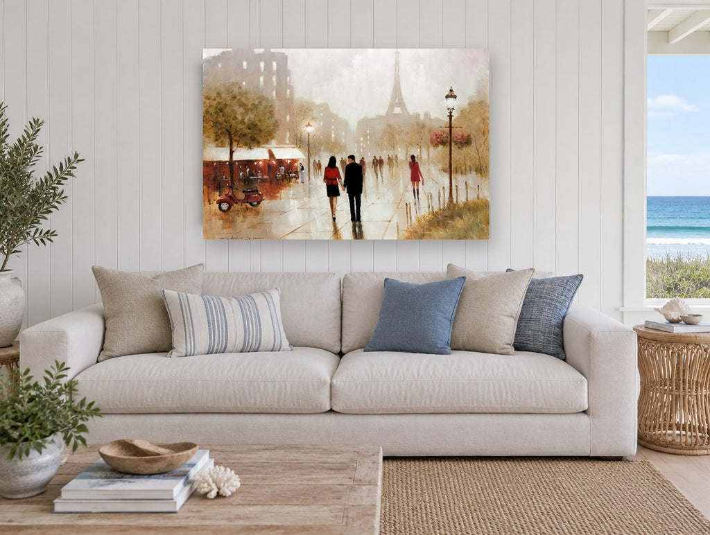 Rainy Paris Stroll city canvas print on the wall of a beach house living room