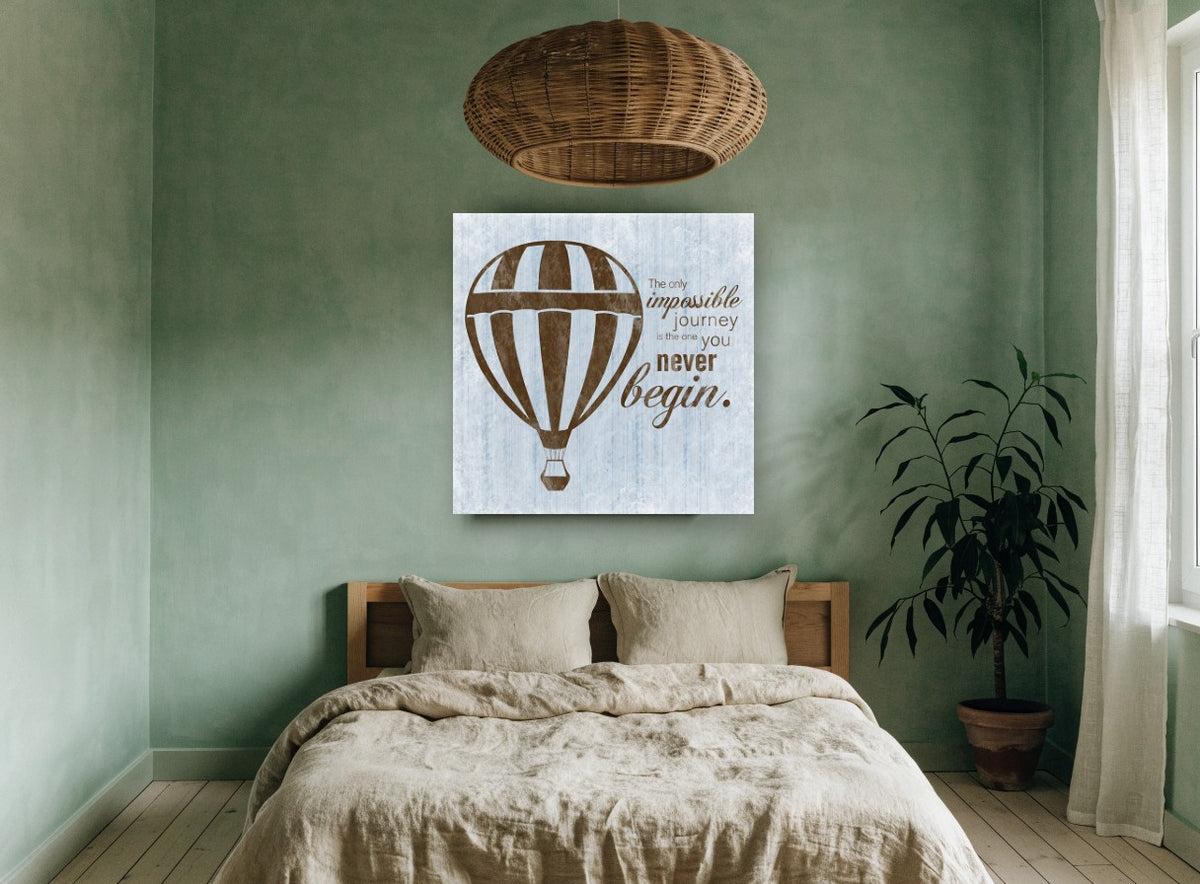 Begin the Journey vintage canvas print on the wall of a bedroom