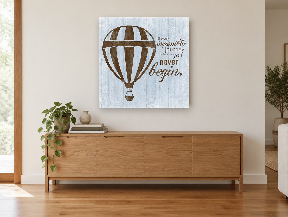 Begin the Journey vintage canvas print on the wall of a living room above a sideboard