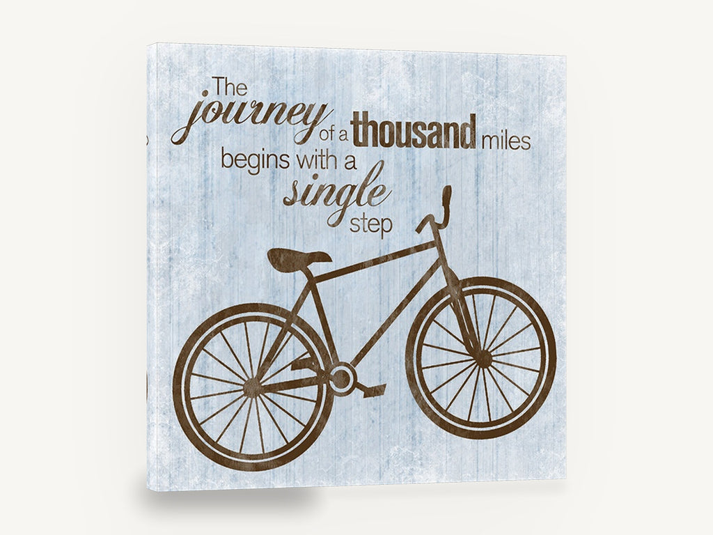 Journey of a Thousand Miles, retro bicycle inspirational quote, stretched canvas wall art print ready to hang