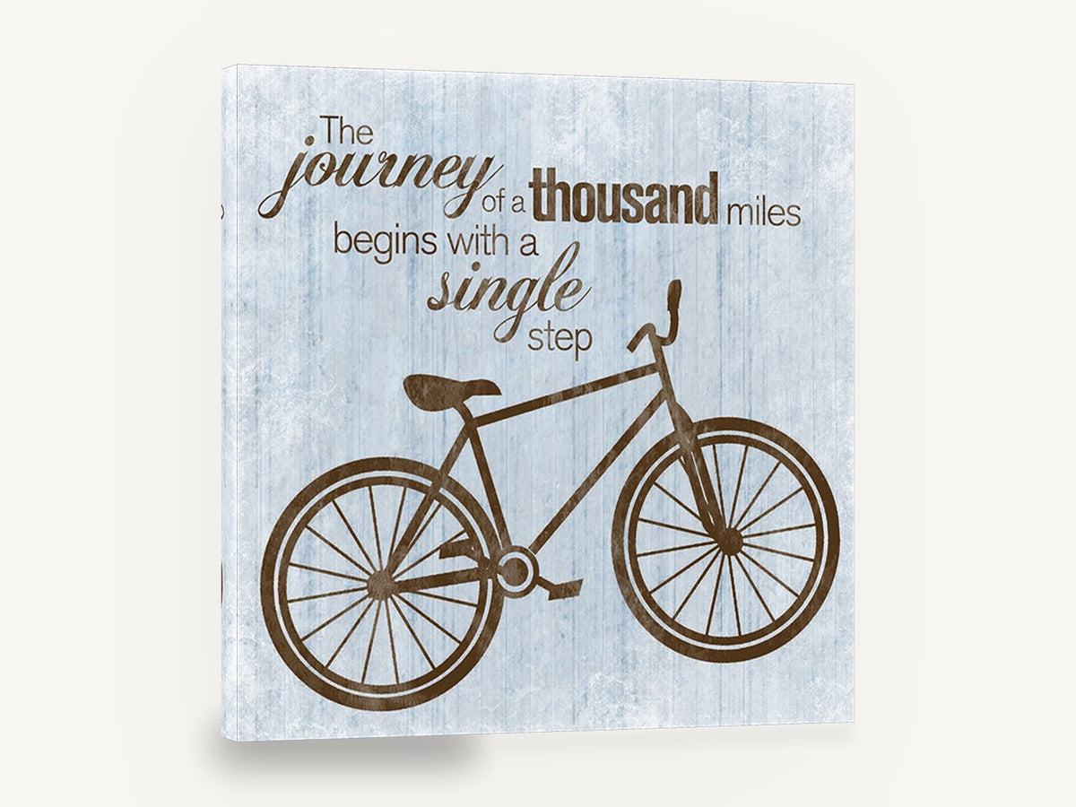 Journey of a Thousand Miles, retro bicycle inspirational quote, stretched canvas wall art print ready to hang