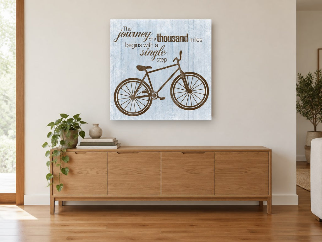 Journey of a Thousand Miles vintage canvas print on the wall of a living room above a sideboard