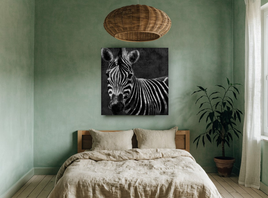 Dusk Zebra Stare animal canvas print on the wall of a bedroom