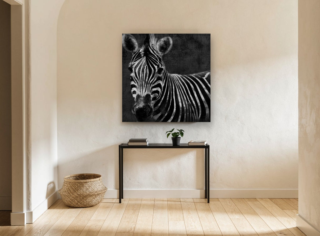 Dusk Zebra Stare animal canvas print on the wall of a hallway