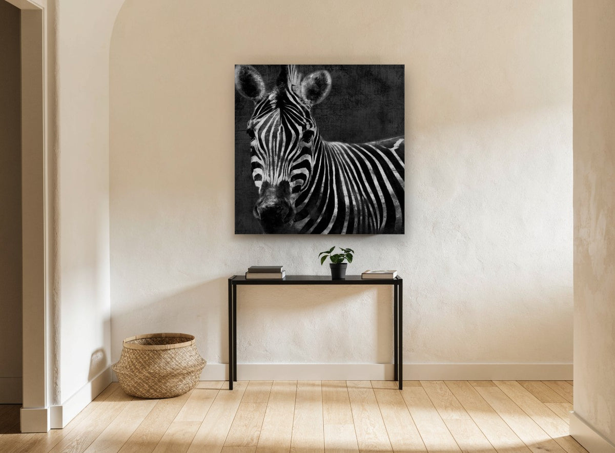 Dusk Zebra Stare animal canvas print on the wall of a hallway