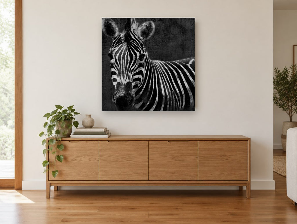 Dusk Zebra Stare animal canvas print on the wall of a living room above a sideboard
