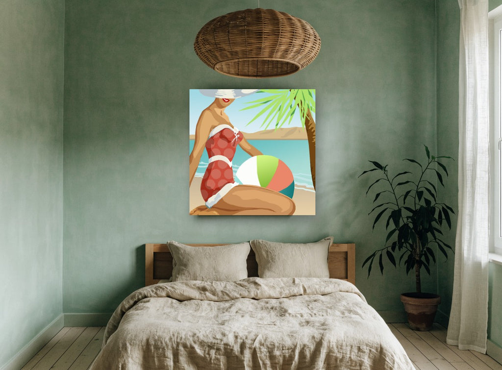 Polka Dot Beach Day coastal canvas print on the wall of a bedroom
