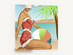 Polka Dot Beach Day, retro beach woman illustration, coastal canvas wall art print ready to hang