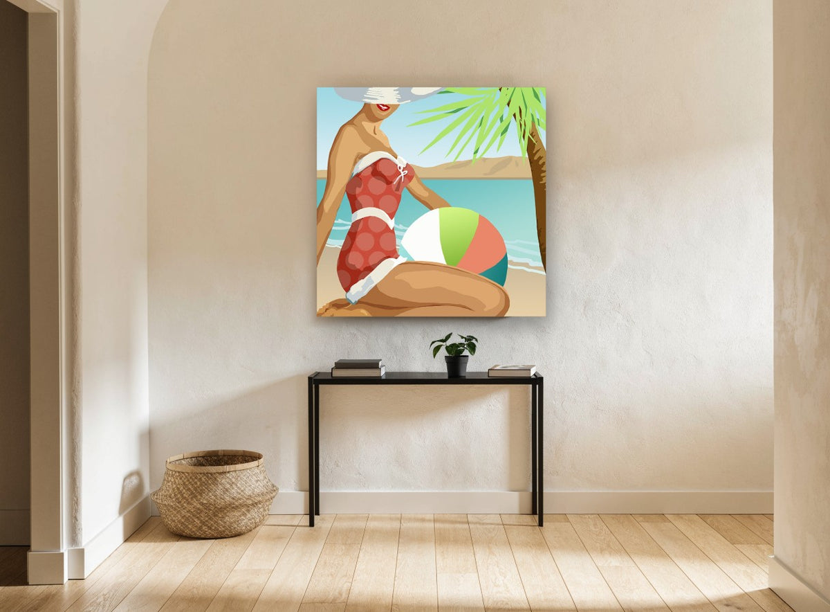 Polka Dot Beach Day coastal canvas print on the wall of a hallway