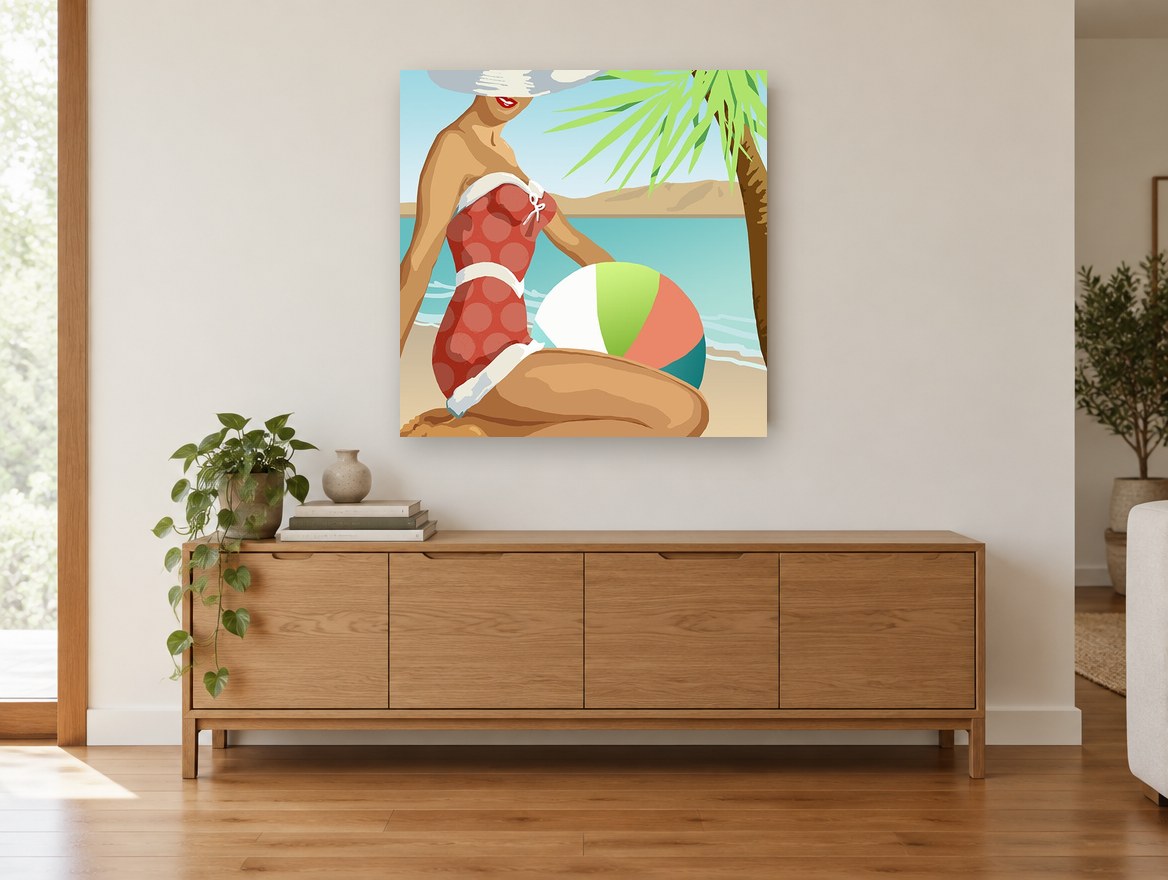 Polka Dot Beach Day coastal canvas print on the wall of a living room above a sideboard