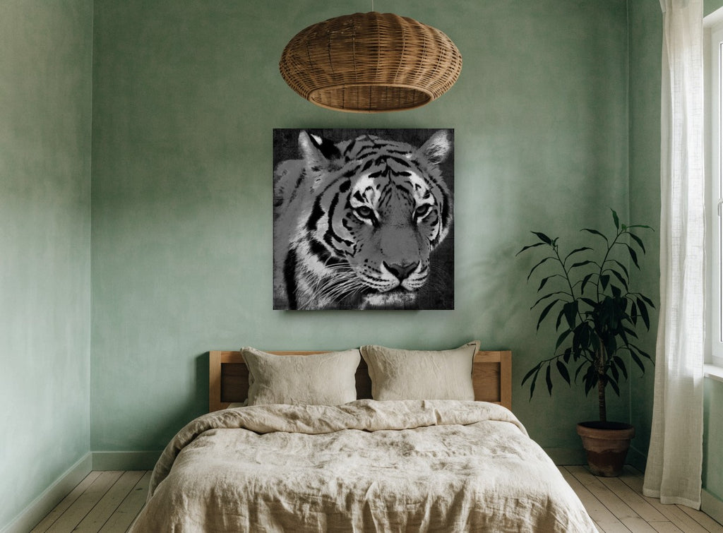 Grey Tiger Gaze animal canvas print on the wall of a bedroom