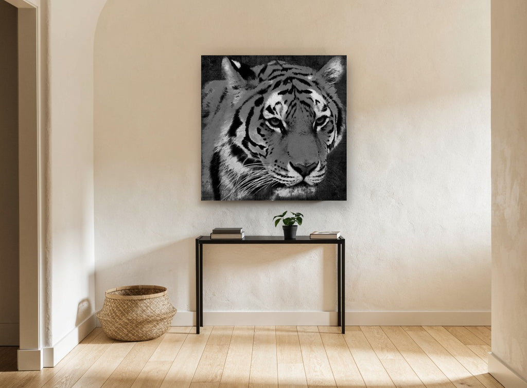 Grey Tiger Gaze animal canvas print on the wall of a hallway