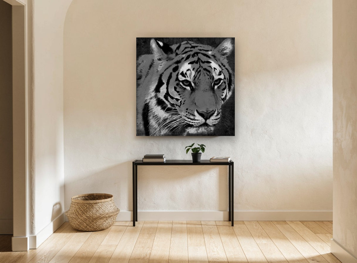 Grey Tiger Gaze animal canvas print on the wall of a hallway