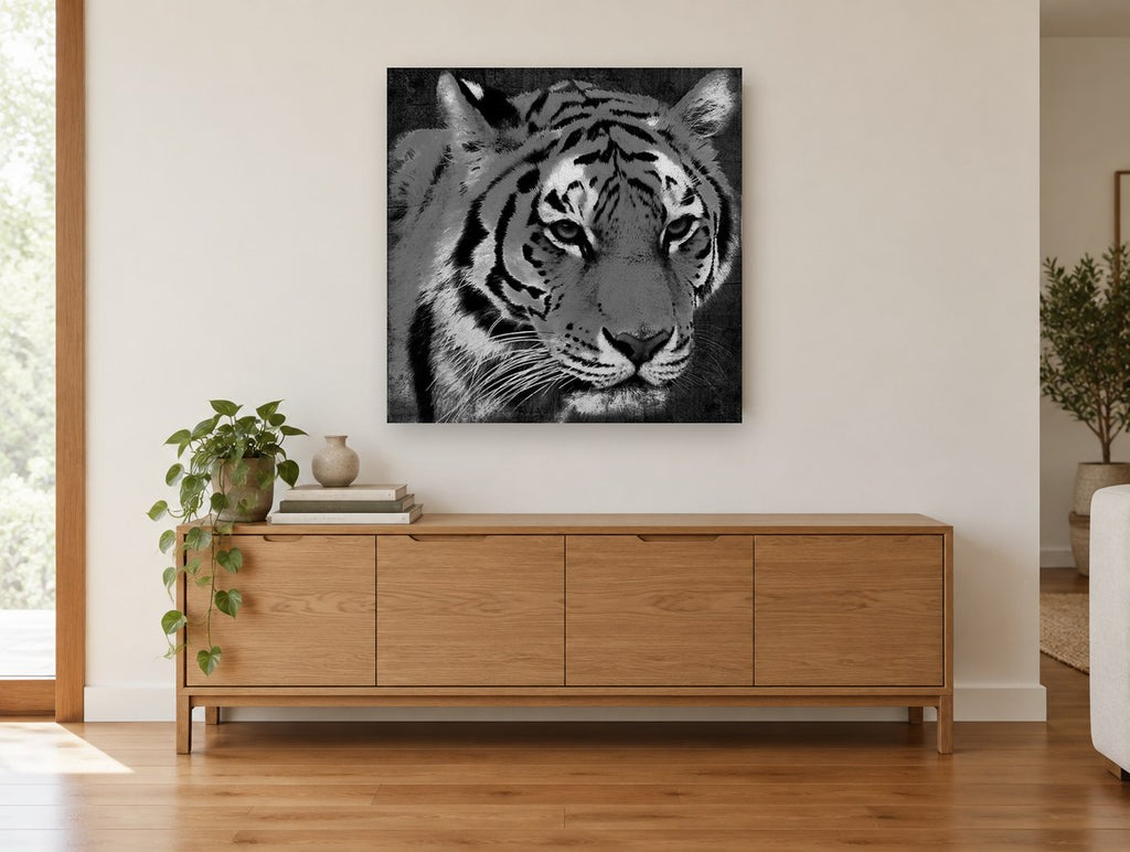 Grey Tiger Gaze animal canvas print on the wall of a living room above a sideboard