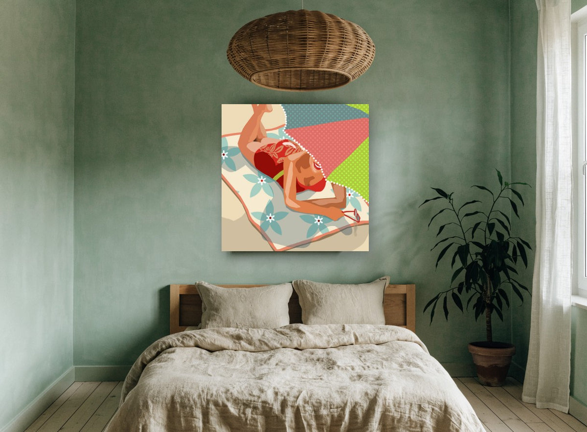 Poolside Sunbather Shade coastal canvas print on the wall of a bedroom