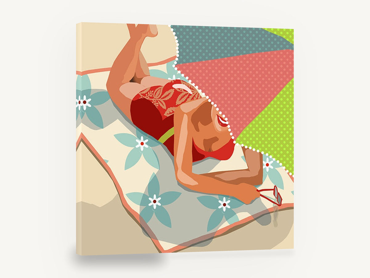 Poolside Sunbather Shade, sunbather on beach towel illustration, coastal canvas wall art print ready to hang