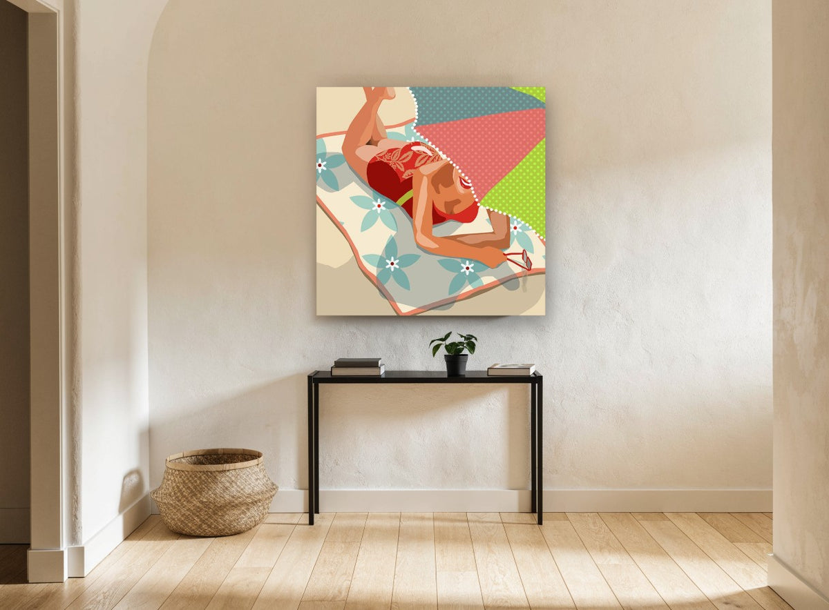 Poolside Sunbather Shade coastal canvas print on the wall of a hallway