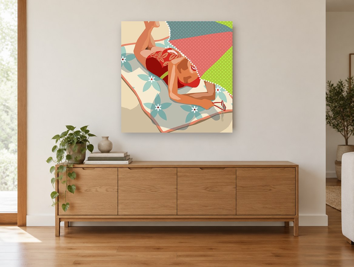 Poolside Sunbather Shade coastal canvas print on the wall of a living room above a sideboard