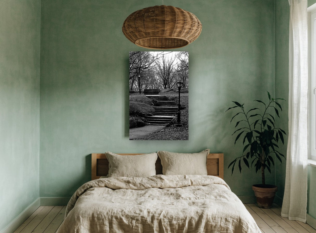 Park Stairs in Winter city canvas print on the wall of a bedroom