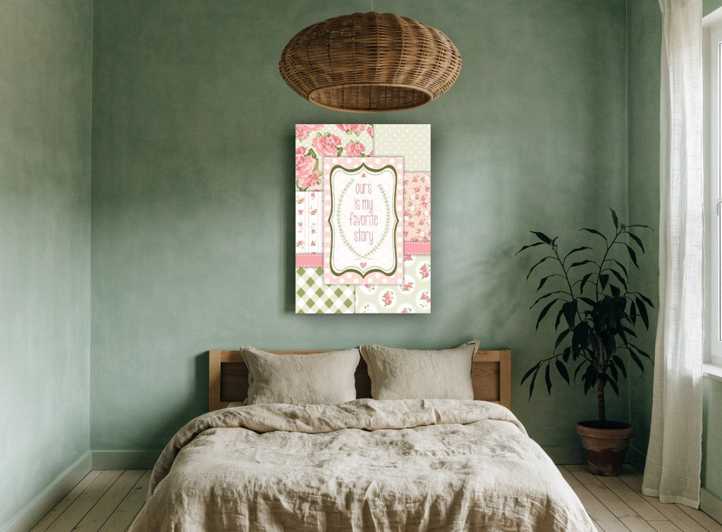 Ours Is My Favourite Story vintage canvas print on the wall of a bedroom