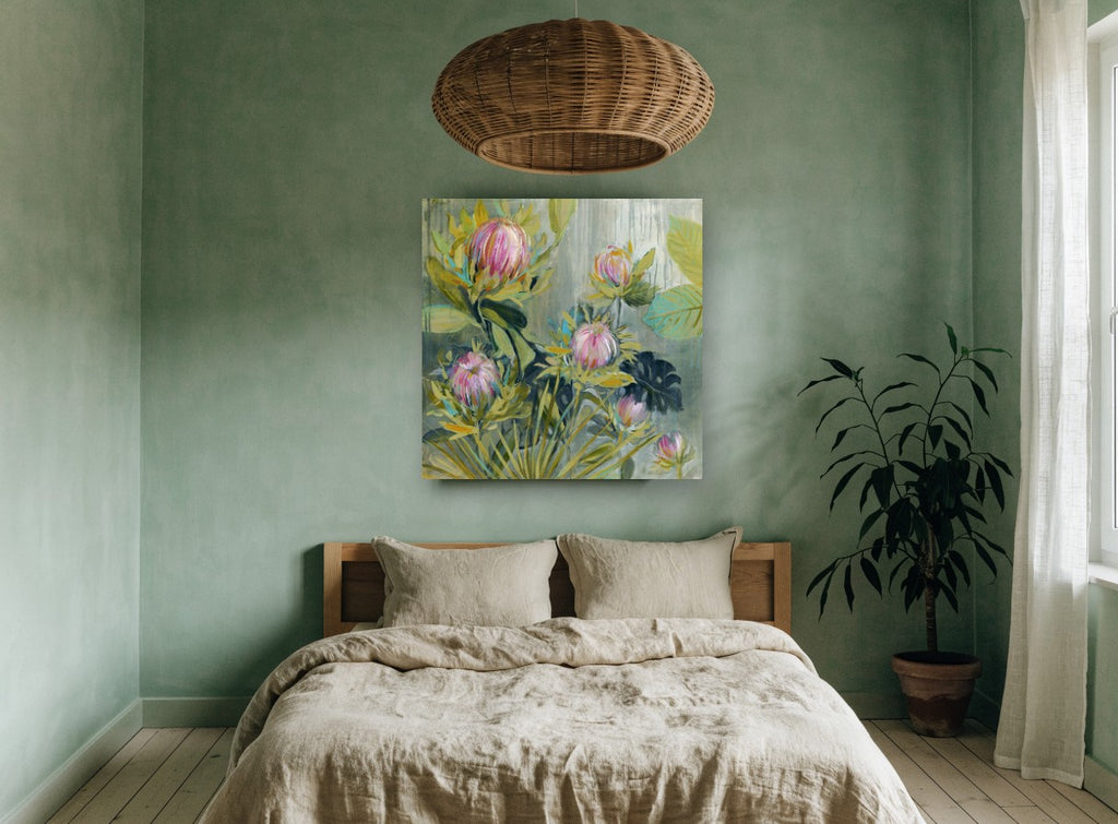 Rain Washed Proteas floral canvas print on the wall of a bedroom