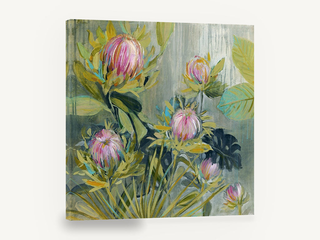 Rain Washed Proteas, pink protea botanical painting, floral canvas wall art print ready to hang