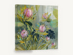 Rain Washed Proteas, pink protea botanical painting, floral canvas wall art print ready to hang