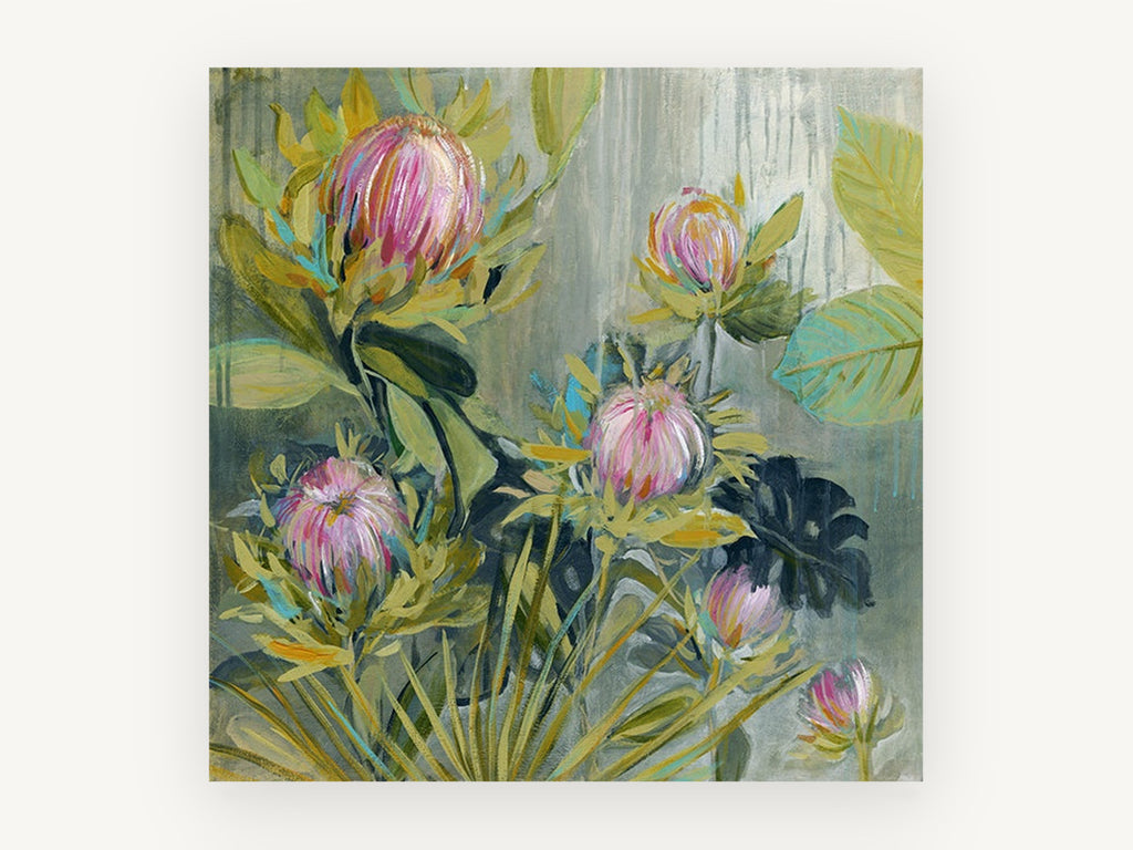 Rain Washed Proteas, floral canvas wall art print, front view