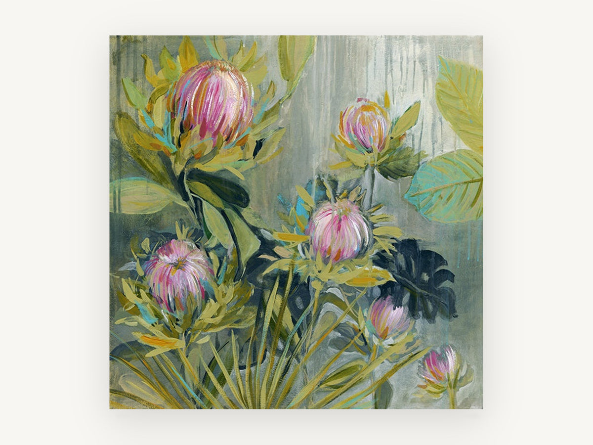 Rain Washed Proteas, floral canvas wall art print, front view