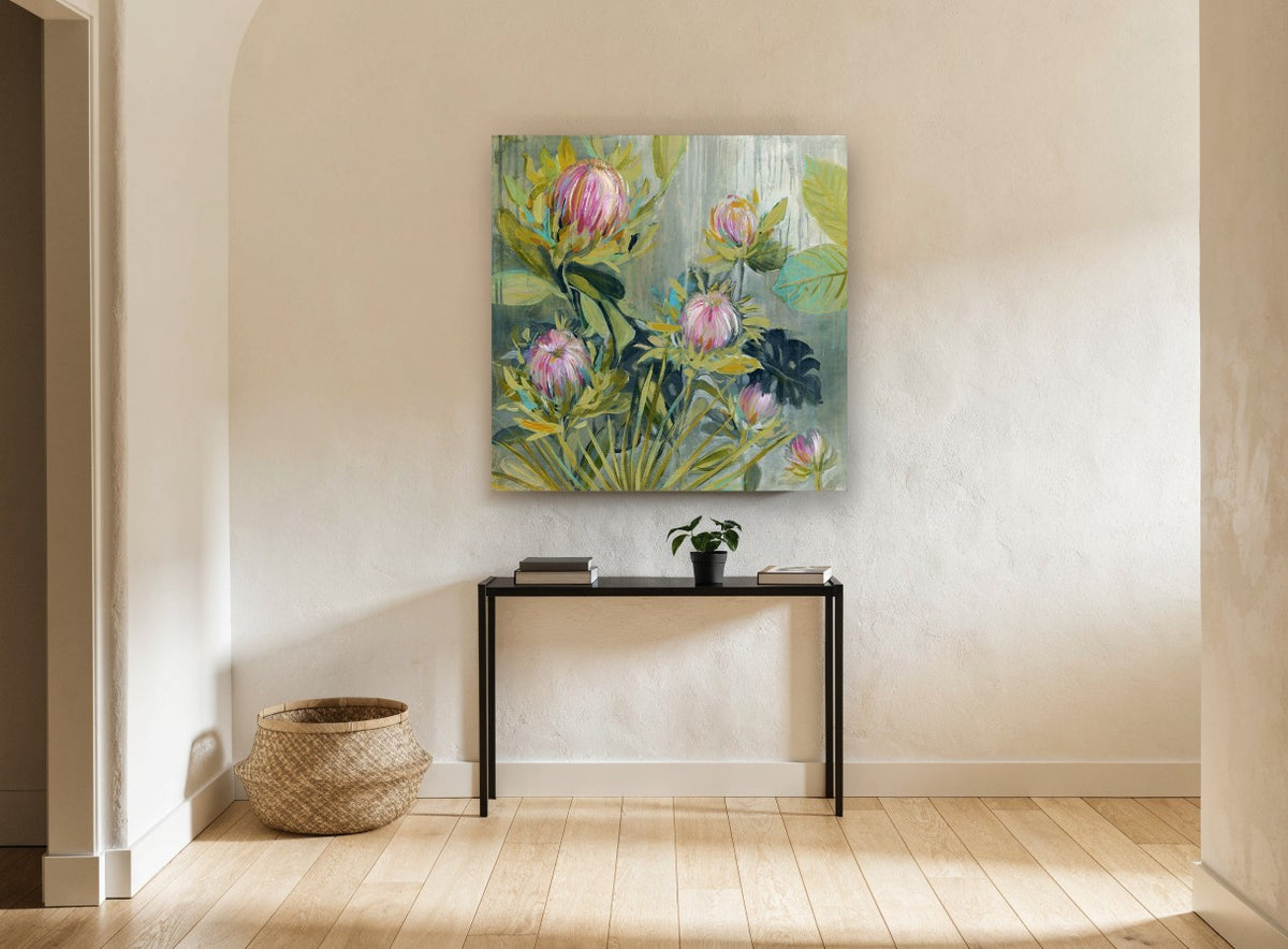 Rain Washed Proteas floral canvas print on the wall of a hallway