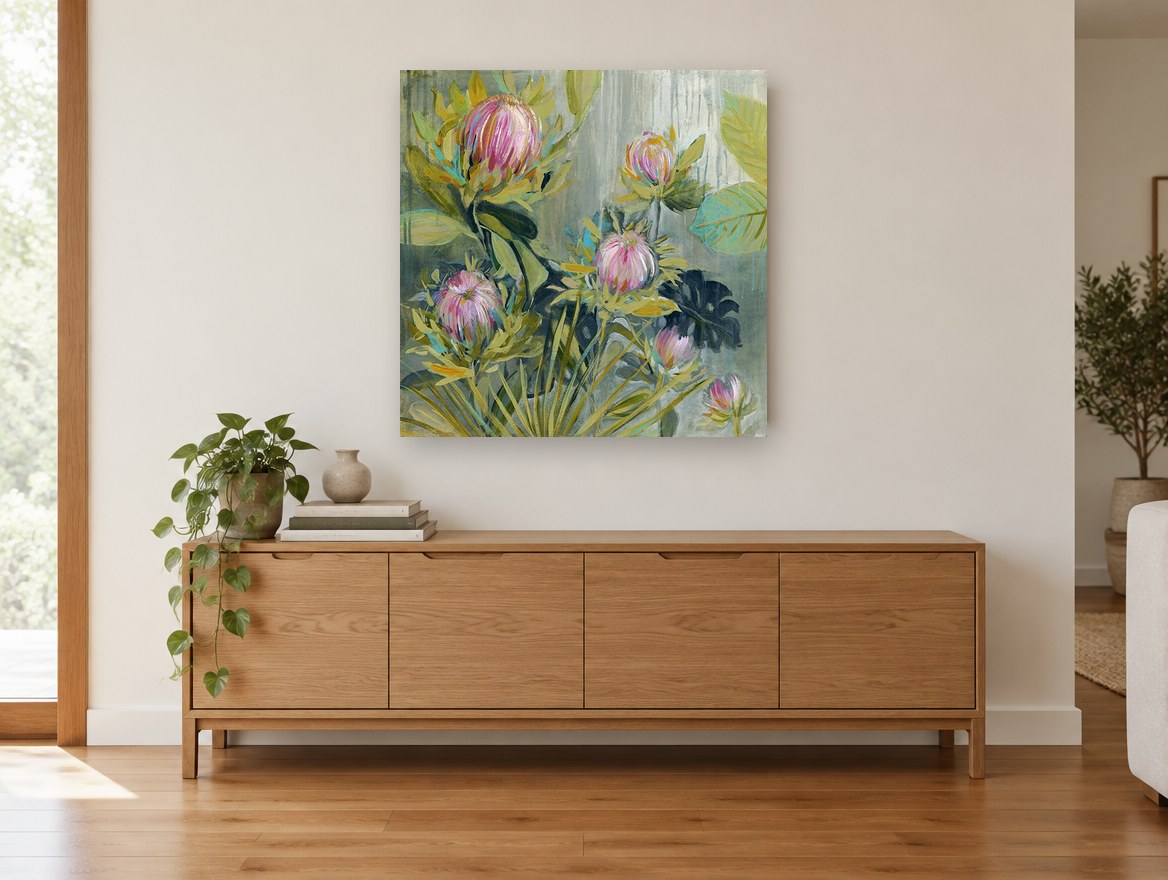 Rain Washed Proteas floral canvas print on the wall of a living room above a sideboard