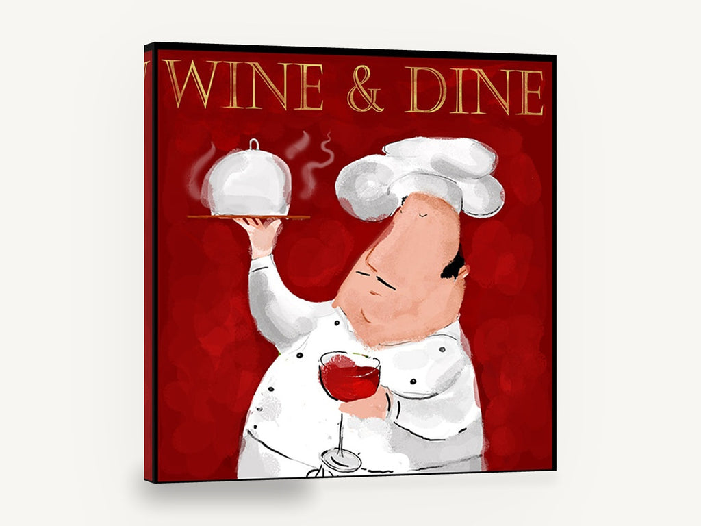 Chef With Red Wine, chef red wine illustration kitchen, kitchen canvas wall art print ready to hang