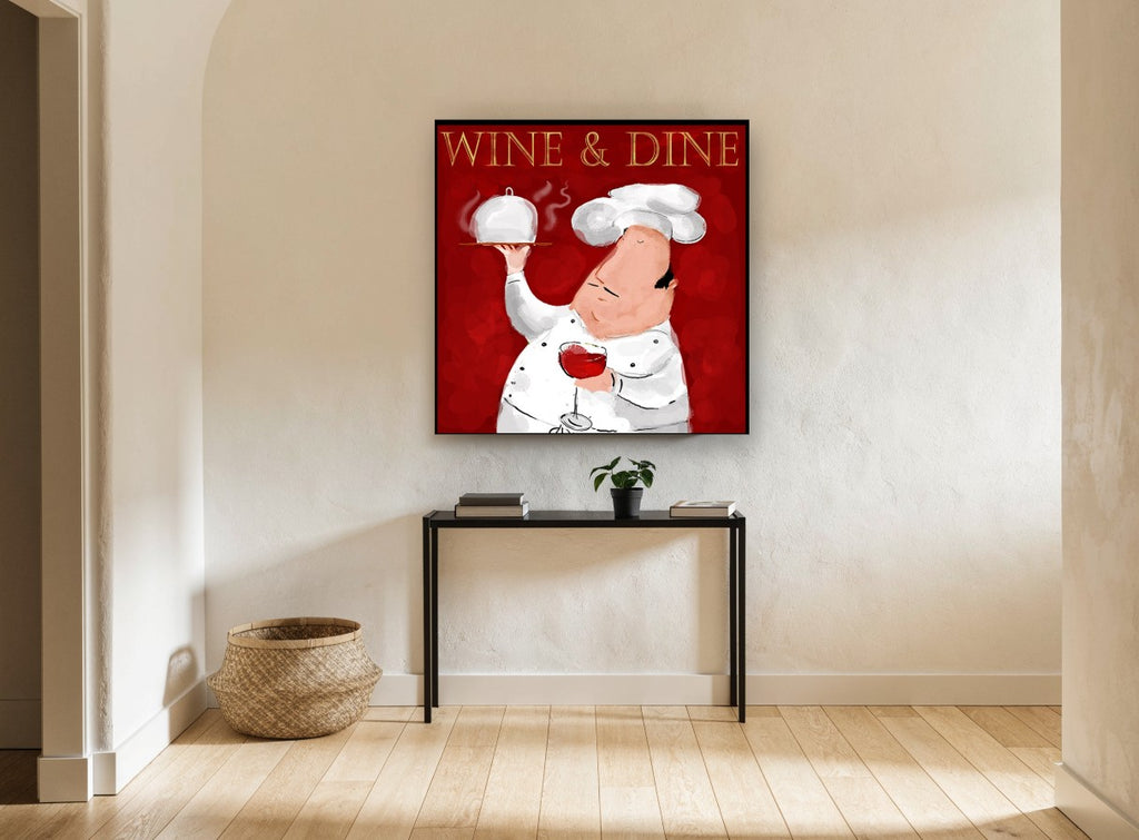 Chef With Red Wine kitchen canvas print on the wall of a hallway