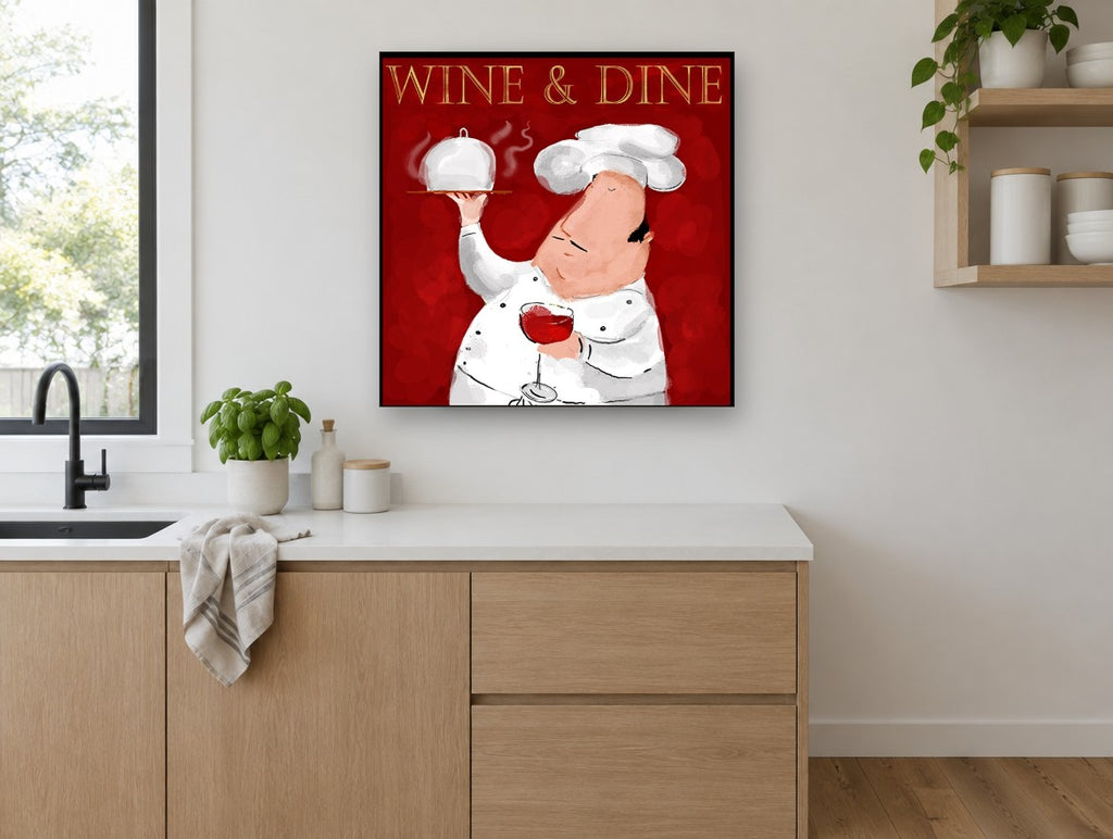Chef With Red Wine kitchen canvas print on the wall of a kitchen
