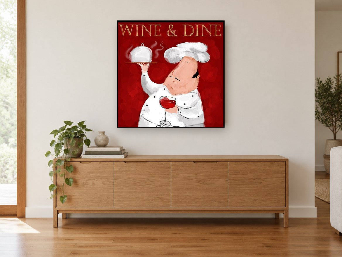 Chef With Red Wine kitchen canvas print on the wall of a living room above a sideboard