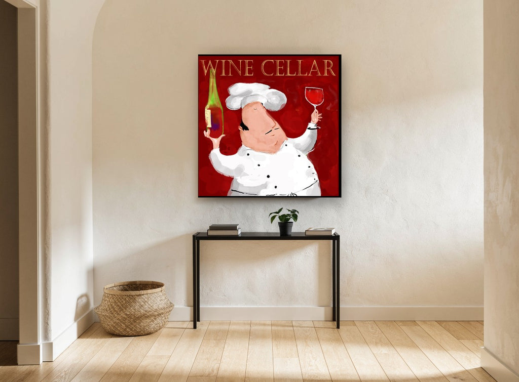 Chef Raises a Glass kitchen canvas print on the wall of a hallway